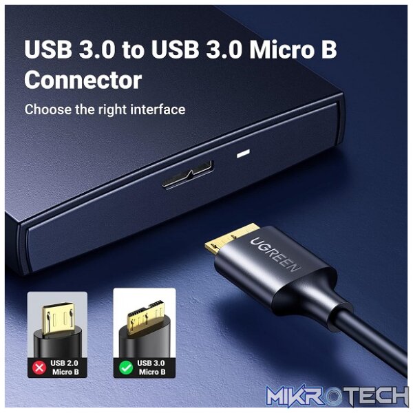 UGreen 10843 Micro USB-B 3.0 Male to USB-A 3.0 Male 2m Cable With Gold-Plated Connectors & Supports Transfer rate up to 5Gbps - Black Colour - Image 3