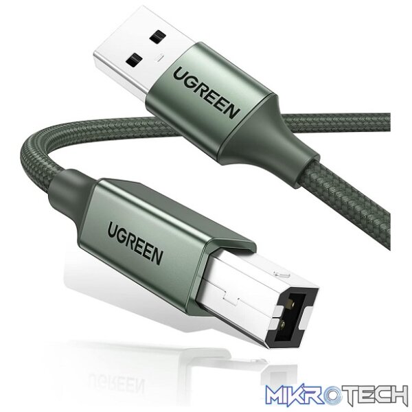 Product UGreen 90816 USB-A V2.0 Male to USB-B V2.0 Male Braided Printer 2m Cable With 480Mbps Fast Data Transmission Rate - Metallic Green Colour - Image 1