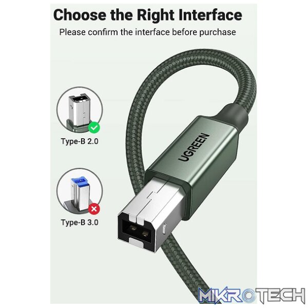 UGreen 90816 USB-A V2.0 Male to USB-B V2.0 Male Braided Printer 2m Cable With 480Mbps Fast Data Transmission Rate - Metallic Green Colour - Image 2