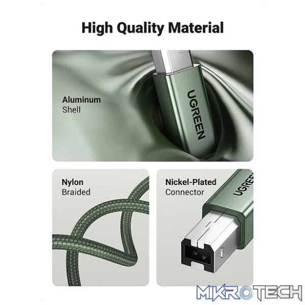UGreen 90816 USB-A V2.0 Male to USB-B V2.0 Male Braided Printer 2m Cable With 480Mbps Fast Data Transmission Rate - Metallic Green Colour - Image 3