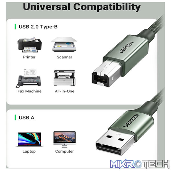 UGreen 90816 USB-A V2.0 Male to USB-B V2.0 Male Braided Printer 2m Cable With 480Mbps Fast Data Transmission Rate - Metallic Green Colour - Image 4