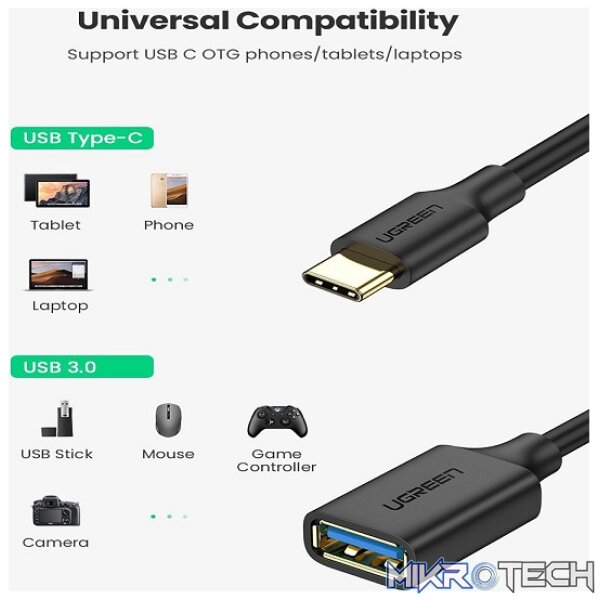UGreen 30701 USB-C 3.1 Male to USB-A 3.0 Female OTG Adapter With Gold-Plated Connectors & Supports Data Transfer Rate up to 5Gbps - Black Colour - Image 4