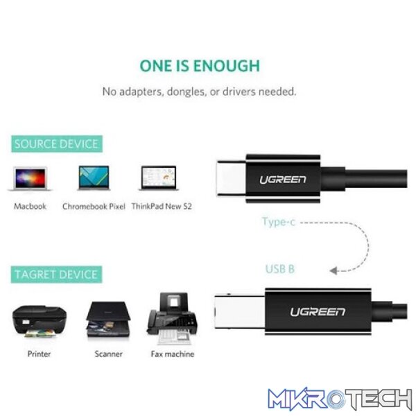 UGreen 50446 USB-C Male to USB-B 2.0 Male Printer 2m Cable with Nickle-Plated Connectors & Supporting Data Transmission Speed up to 480Mbps - Black Colour - Image 2