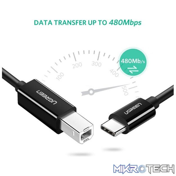 UGreen 50446 USB-C Male to USB-B 2.0 Male Printer 2m Cable with Nickle-Plated Connectors & Supporting Data Transmission Speed up to 480Mbps - Black Colour - Image 3