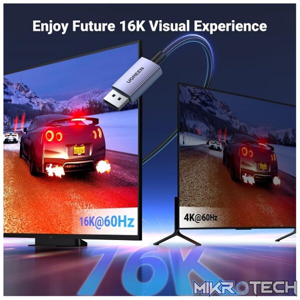 UGreen 15384 Vesa Certified DisplayPort V2.1 Male To Male 16K@30Hz/ 4Kx4K@120Hz With 40Gbps Bandwidth Braided 2m Cable And Supporting MST And NV G-Sync And AMD FreeSync - Black Colour - Image 2