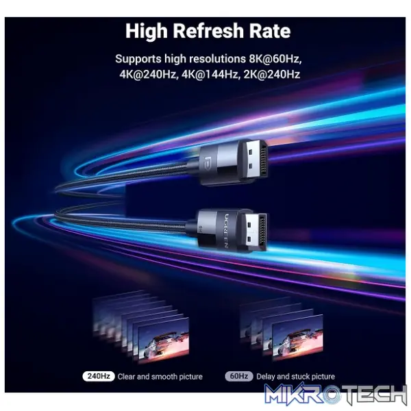 UGreen 80391 Vesa Certified DisplayPort V1.4 Male To Male 8K@60Hz Ultra-HD Braided 1.5m Cable With Buckle Lock And Supporting NV G-Sync And AMD FreeSync - Black Colour - Image 4