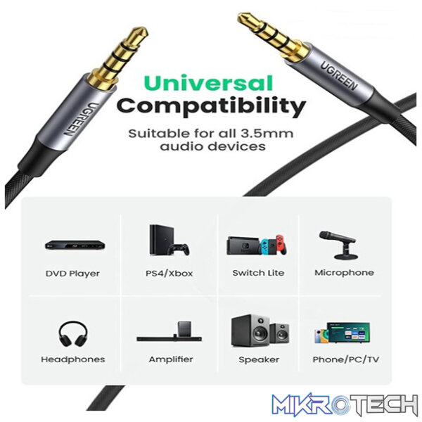 UGreen 20497 3.5mm Male To Male 4-Pole TRRS (Tip-Ring-Ring-Sleeve) 1.5m Microphone Audio Cable With 24K Gold-Plated Connectors And Nylon Braided Cable - Black Colour - Image 2