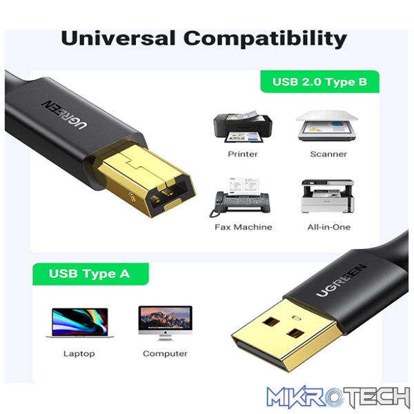 UGreen 10352 USB-A 2.0 Male to USB-B 2.0 Male Printer 5m Cable With Gold-Plated Connectors & Supports Data Transfer Speed up to 480Mbps - Black Colour - Image 5
