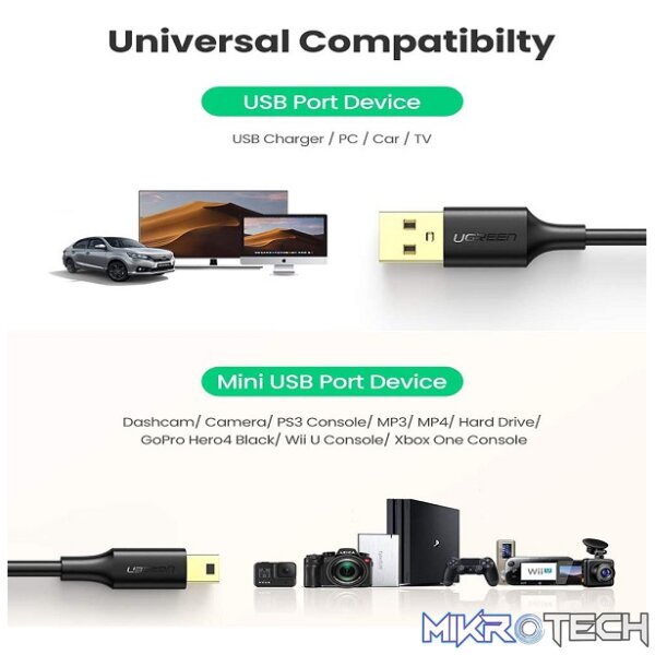 UGreen 10355 Mini USB-A 2.0 Male to USB-A 2.0 Male 1m Cable With Gold-Plated Connectors & Supports Data Transfer speed up to 480Mbps - Black Colour. - Image 2