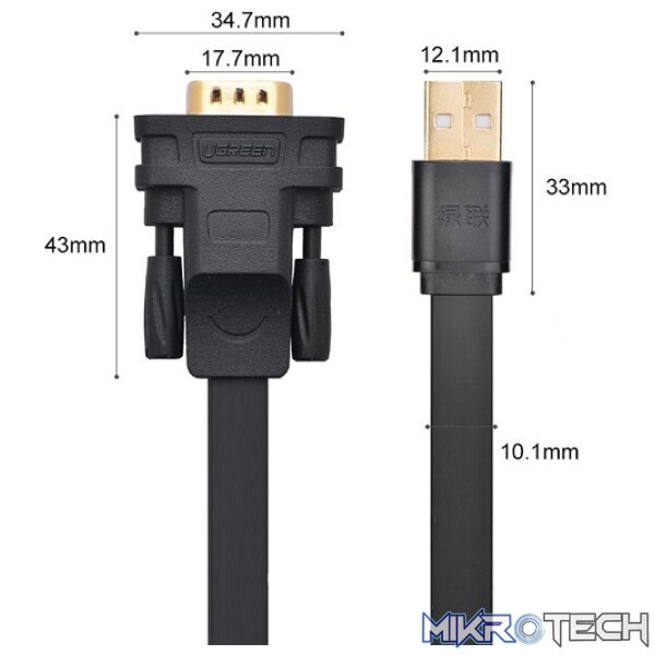 UGreen 20218 USB-A 2.0 Male To DB9 RS-232 FDTI-FT232 Chipset Male 2m Cable With Gold-Plated Connectors And Supports Data Transfer Speed Up To 1Mbps - Black Colour - Image 2