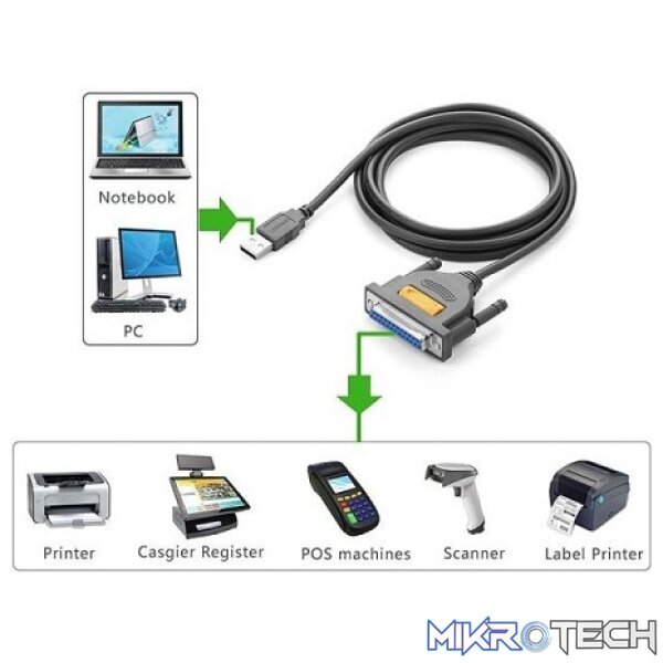 UGreen 20224 USB-A 2.0 Male to DB25 Female 1.8m Printer Cabled Adapter With Nickle-Plated Connectors & Backwards Compatible with USB1.1 - Grey Colour - Image 4