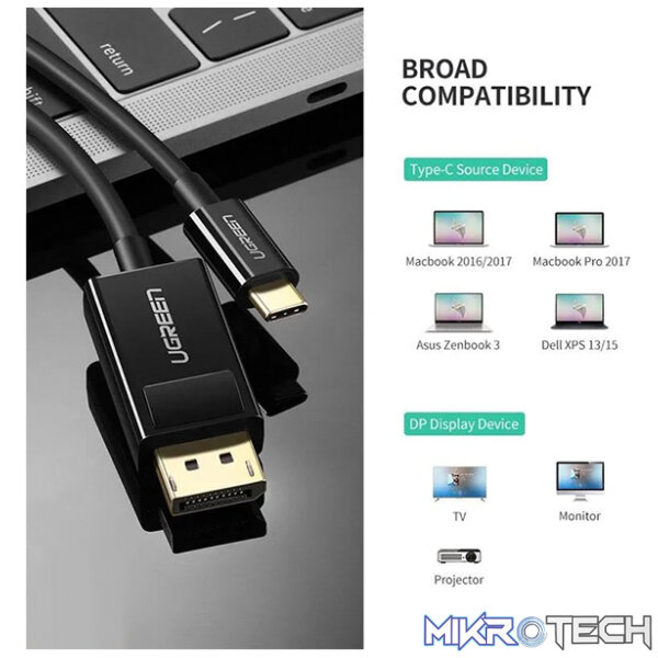 UGreen 50994 USB-C Male to DisplayPort Male 1.5m Cable with Gold-Plated Connectors & Supports Resolution up to 4K@30Hz - Black Colour - Image 4