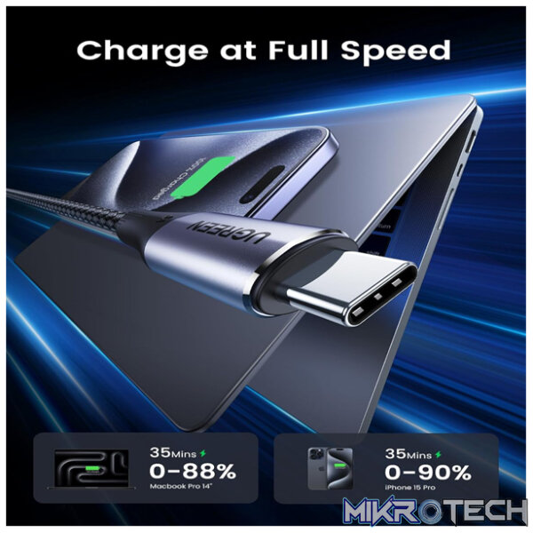 UGreen 80150 USB-C 3.2 Gen 2 Male to Male 5A QC/PD3.0 240W(max.) 1m Cable with Nickle-Plated Connectors & Supporting fast data transfer speed up to 10Gbps- Grey Colour - Image 2