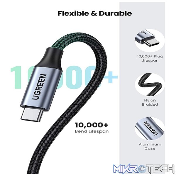 UGreen 80810 USB-C 3.1 Male to Female 0.5m Braided Extension Cable with Transfer Speed up to 10Gbps and 5A(max) Fast Charging and Sync Audio+Video - Black Colour - Image 2