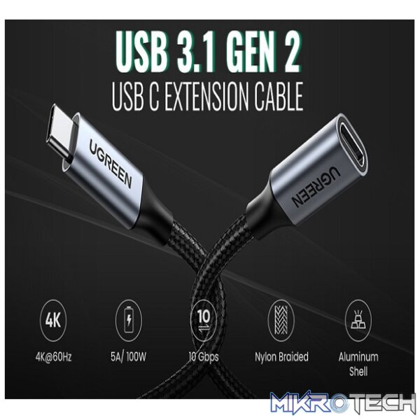 UGreen 80810 USB-C 3.1 Male to Female 0.5m Braided Extension Cable with Transfer Speed up to 10Gbps and 5A(max) Fast Charging and Sync Audio+Video - Black Colour - Image 3