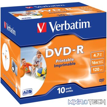 VERBATIM - 4.7GB DVD-R (16X) - PRINTABLE JEWEL CASE (BOX OF 10)