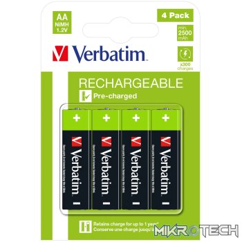 VERBATIM AA RECHARGEABLE BATTERIES (2500 SERIES) 4 PACK