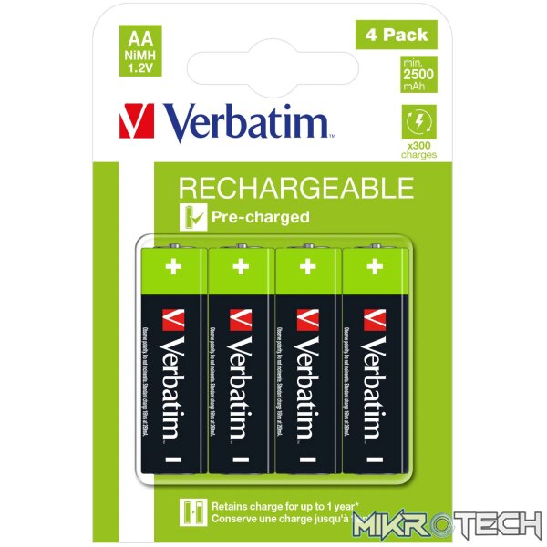 VERBATIM AA RECHARGEABLE BATTERIES (2500 SERIES) 4 PACK VERBATIM AA RECHARGEABLE BATTERIES (2500 SERIES) 4 PACK