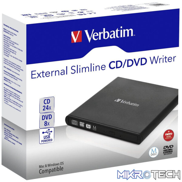 Verbatim Slimline CD/DVD Optical Disc Drive Black DVD-RW - Image 2