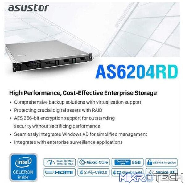 Asustor AS6204RD Rack Mount 4 x Bay Hot Swappable Enterprise Network Attached Storage Device - Image 2