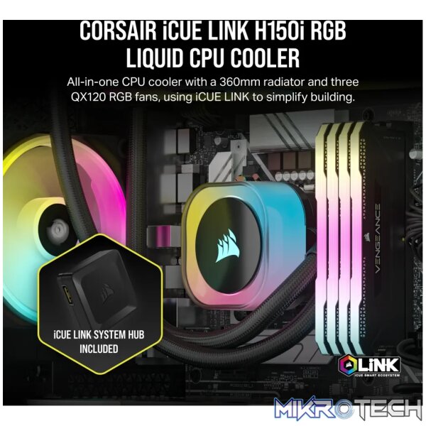 Corsair H150I, All-in-one liquid cooler, 12 cm, 63.1 cfm, Black - Image 22