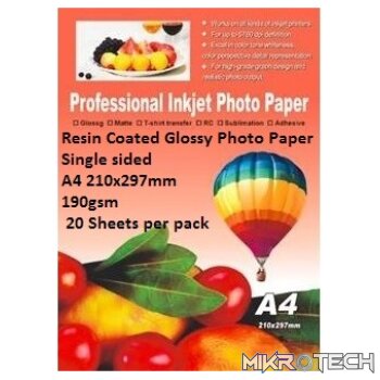 E-Box Resin Coated Glossy Photo Paper-Single sided A4 210x297mm-190gsm- 20 Sheets per pack