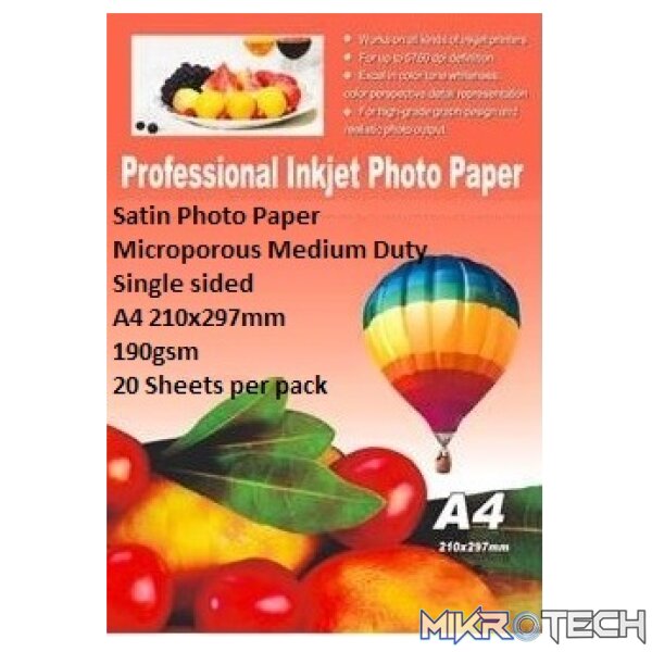 E-Box Satin Photo Paper- Microporous Coated Medium Duty- Single sided A4 210x297mm-190gsm-20 Sheets per pack E-Box Satin Photo Paper- Microporous Coated Medium Duty- Single sided A4 210x297mm-190gsm-20 Sheets per pack
