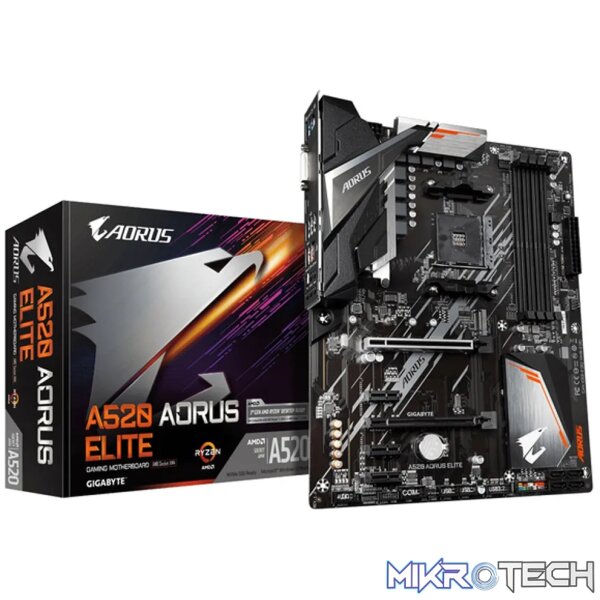 GIGABYTE Aorus AMD A520 Elite Chipset for 3rd Gen AMD Ryzen™ Processors; 4x Dual DDR4; 1x M2; DVI-D/HDMI; ATX. GIGABYTE Aorus AMD A520 Elite Chipset for 3rd Gen AMD Ryzen™ Processors; 4x Dual DDR4; 1x M2; DVI-D/HDMI; ATX.