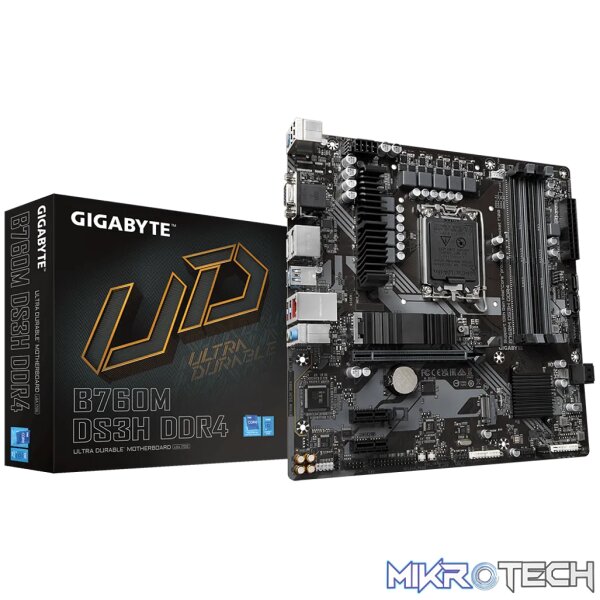GIGABYTE Motherboard Intel® B760 Chipset for LGA 1700; 4x DDR5; 2x M2; VGA/HDMI/DP x2; mATX. GIGABYTE Motherboard Intel® B760 Chipset for LGA 1700; 4x DDR5; 2x M2; VGA/HDMI/DP x2; mATX.