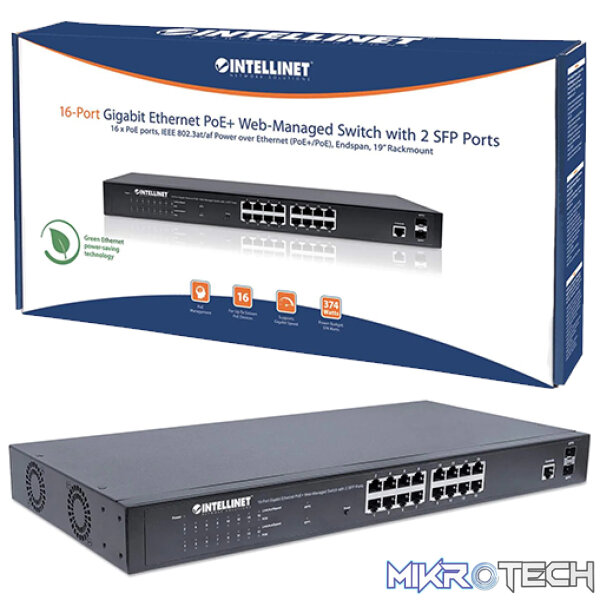 Intellinet 16-Port Gigabit Ethernet PoE+ Web-Managed Switch with 2 SFP Ports Intellinet 16-Port Gigabit Ethernet PoE+ Web-Managed Switch with 2 SFP Ports