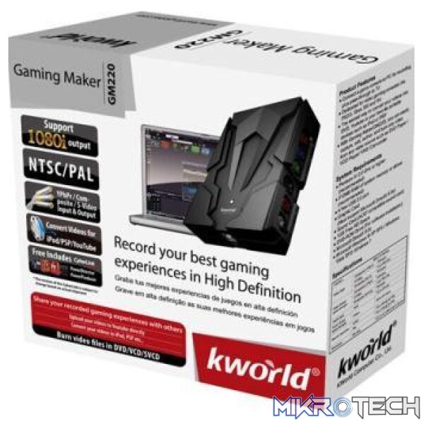 Kworld Gaming Maker:Record games console footage onto PC. USB 2.0 interface. Contains USB cable Kworld Gaming Maker:Record games console footage onto PC. USB 2.0 interface. Contains USB cable