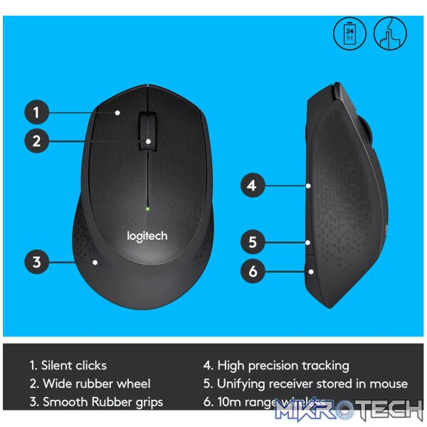 Logitech M330 SILENT PLUS, Right-hand, Mechanical, RF Wireless, 1000 DPI, Black - Image 8
