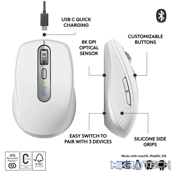 Logitech MX Anywhere 3S, Right-hand, Laser, RF Wireless + Bluetooth, 8000 DPI, Grey, White - Image 17