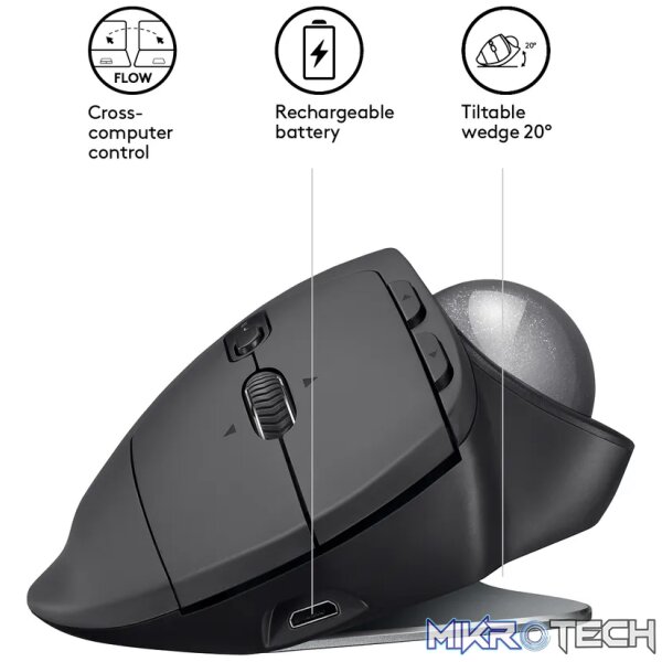 Logitech MX Ergo, Right-hand, Trackball, RF Wireless + Bluetooth, 440 DPI, Graphite - Image 9