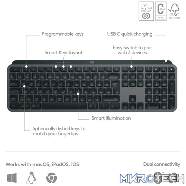 Logitech MX Keys S, Wireless, RF Wireless + Bluetooth, Scissor key switch, QWERTY, LED, Graphite - Image 39