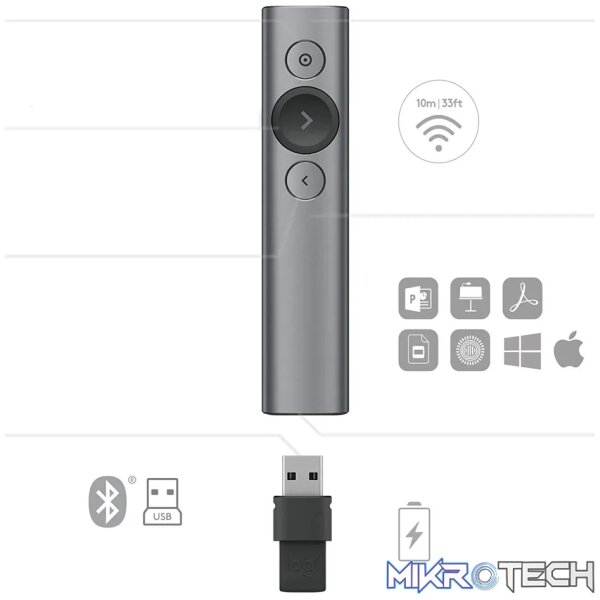 Logitech Spotlight™ Presentation Remote, Bluetooth/RF, USB, 30 m, Grey - Image 6
