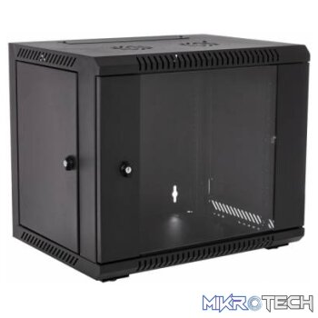 RCT 9U AP Pre-coated black wall mount cabinet 2x uprights 2x glands + Screws; 450mm GLASS DOOR.