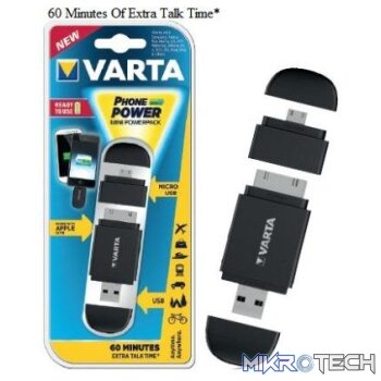 Varta Mini Powerpack Charger-Smart 2-In-1 Solution-Compatible with all Micro USB and Apple® 30-pin devices-400mAh Lithium-ion rechargeable battery-Black