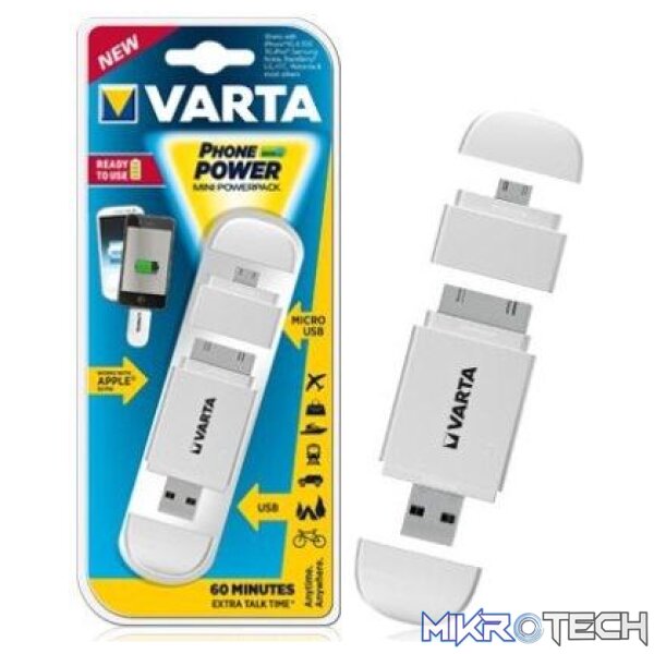 Varta Mini Powerpack Charger-Smart 2-In-1 Solution-Compatible with all Micro USB and Apple® 30-pin devices-400mAh Lithium-ion rechargeable battery-White Varta Mini Powerpack Charger-Smart 2-In-1 Solution-Compatible with all Micro USB and Apple® 30-pin devices-400mAh Lithium-ion rechargeable battery-White