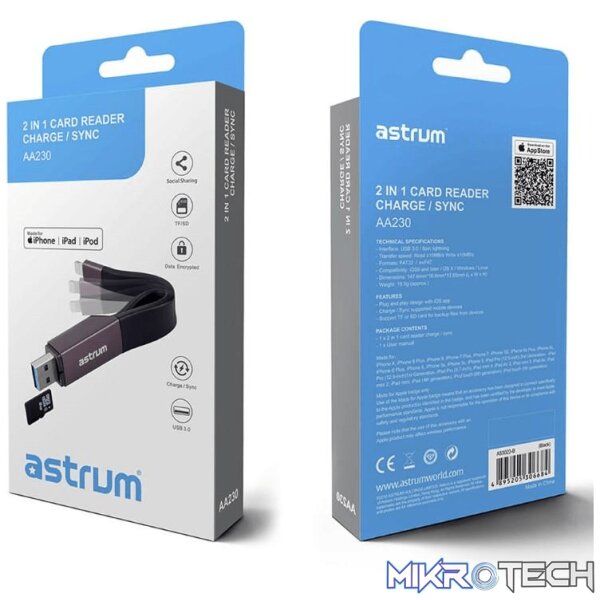 a53023-b-other-accessories-31943116751012 Astrum AA230 2 in 1 8pin to USB 3.0 Charge and Sync Adapter with Card Reader A53023-B - Image 1