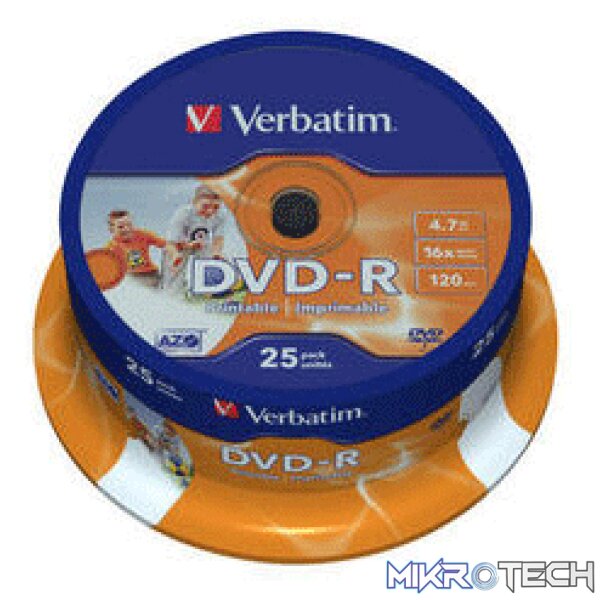product_med_dvd-r_25spind Verbatim 43538 16x Wide Printable DVD-R - Spindle 25 Pack - Image 1