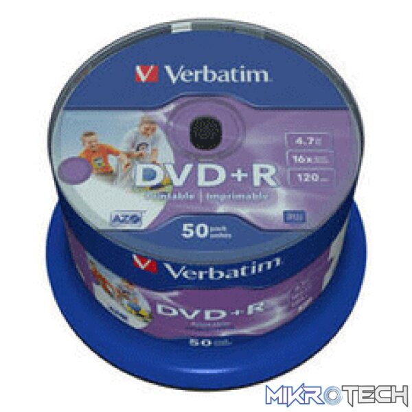 product_med_dvd_r_50spind Verbatim 43512 4.7GB 16x DVD+R Wide Inkjet Printable 50 Pack Spindle No ID Brand - Image 1