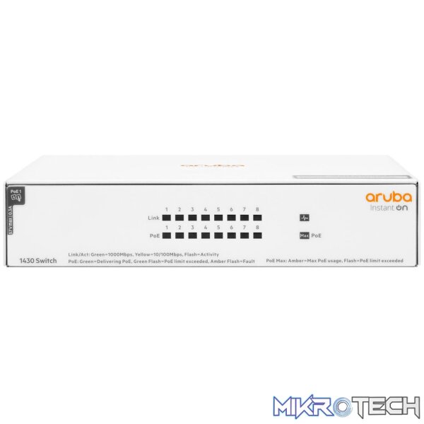 HPE Networking Instant On 1430 8-port Class4 Unmanaged L2 Gigabit Ethernet PoE Switch White R8R46A HPE Networking Instant On 1430 8-port Class4 Unmanaged L2 Gigabit Ethernet PoE Switch White R8R46A