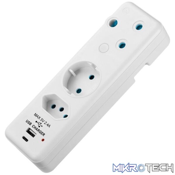 swd-72014-wt-other-accessories-45545104998564 Switched 3-way Schuko Adapter with 1x Type-C and 1x USB-A Charger SWD-72014-WT - Image 1