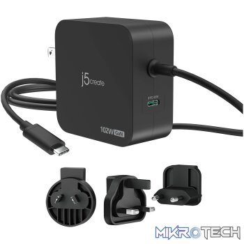 J5 Create JUP25102V 102W GaN PD USB-C 2-Port Charger with Changeable AC Plugs