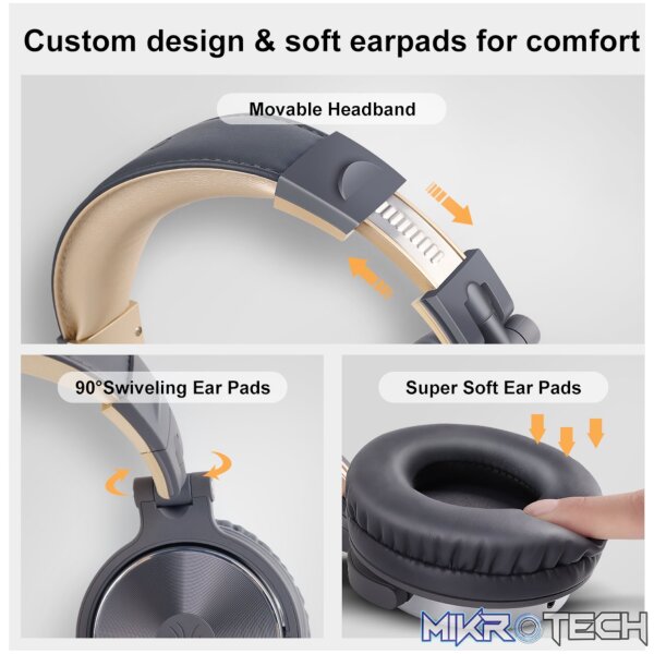Oneodio Pro 10 Professional Wired Over Ear DJ and Studio Monitoring Headphones - Grey/Gold - Image 3