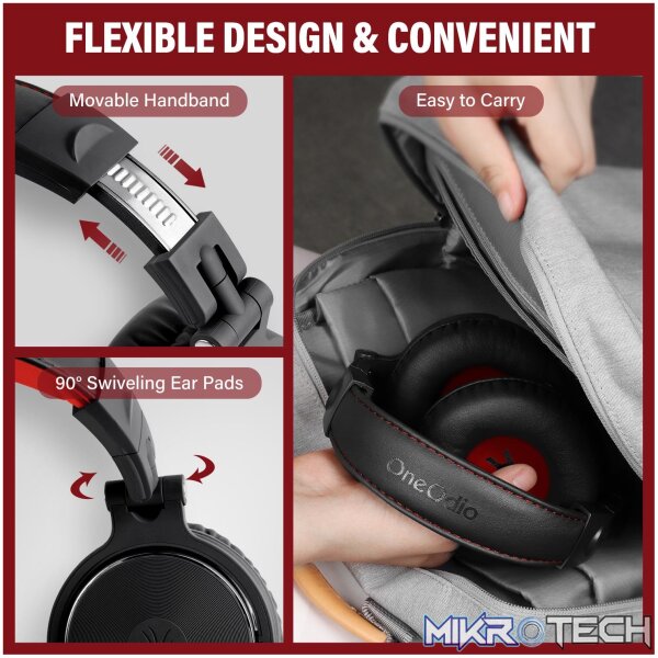 Oneodio Pro 10 Professional Wired Over Ear DJ and Studio Monitoring Headphones - Red/Black - Image 4