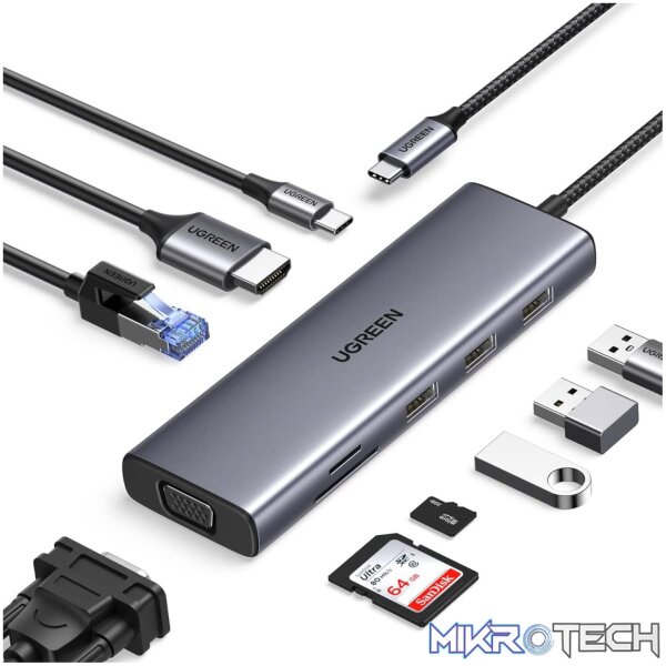 UGREEN 9-in-1 Type-C Hub - SILVER | 3× USB 3.0, 4K HDMI, VGA, RJ45 Gigabit, SD/TF, PD Charging - CM498 - Image 2