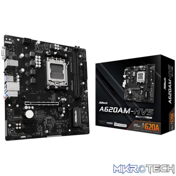 ASRock A620AM-HVS Micro ATX AM5 DDR5 Motherboard (HDMI and PCIe 4.0) ASRock A620AM-HVS Micro ATX AM5 DDR5 Motherboard (HDMI and PCIe 4.0)