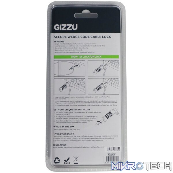 Gizzu Secure Wedge Code Cable Lock 1.8m - Image 3
